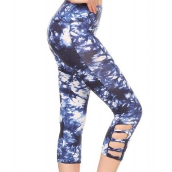 Blue Tie Dye Print High Waisted Stretchy Waist Cropped Workout Leggings - Picture 2 of 2